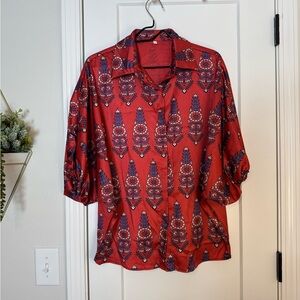 Red Tribal Print Button Down Top